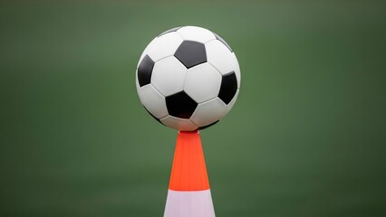A soccer ball balances perfectly atop a vibrant orange traffic cone, a minimalist composition highlighting the sport's simplicity