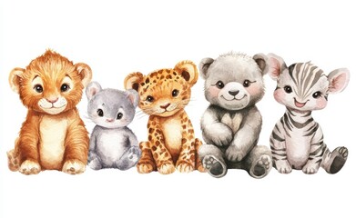 Obraz premium Cute Baby Animal Faces Watercolor Illustration Set