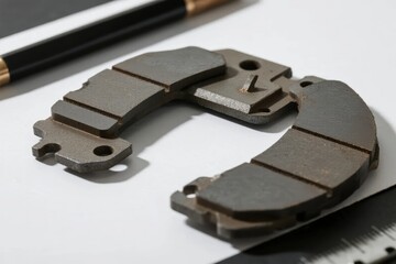 Brake pads placed on a white surface with measuring tools nearby