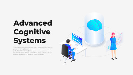 Advanced Cognitive Systems Illustration. AI Brain Analysis, Data Processing, Research Technology, Machine Learning Visualization for Presentation Template and Digital Innovation