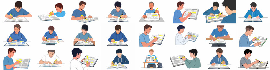 Vector collection of diverse male students studying, reading books, and highlighting important information with a yellow marker for exam preparation.