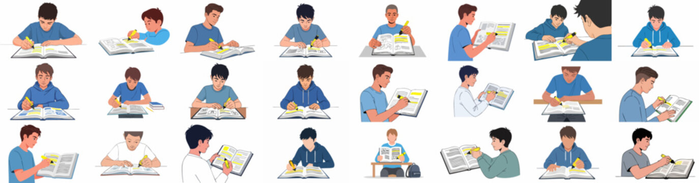 Vector collection of diverse male students studying, reading books, and highlighting important information with a yellow marker for exam preparation.