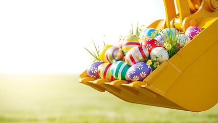 Colorful Easter eggs in yellow excavator bucket on green grass  