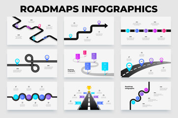 Roadmap infographic template for presentation, timeline path with milestones, journey progression diagram for planning, strategy, goals, yearly steps and business development slides