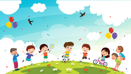 A vibrant illustration of diverse children playing happily outdoors on a grassy hill with balloons, birds, and confetti under a bright blue sky.