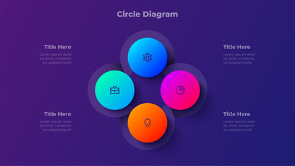 Four Step Circle Diagram. 4 Step Gradient Infographic Template for Presentation, Process Flow, Data Visualization and Business Strategy