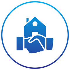 Blue icon showing a house above two hands shaking, representing a real estate deal, home partnership, or property transaction.