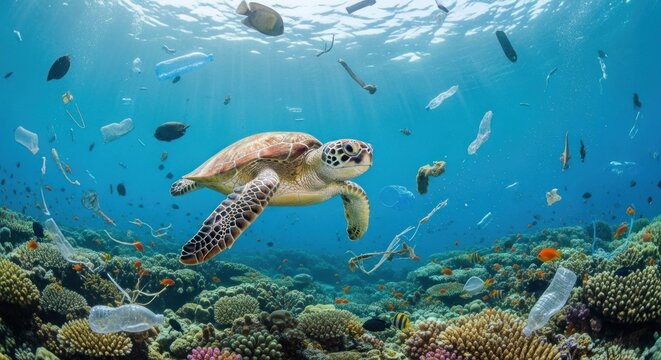 A sea turtle swimming in the ocean with plastic debris.