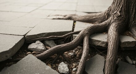 Obraz premium Tree roots cracking a concrete sidewalk. Close up of powerful growth damaging urban pavement. The force of nature concept