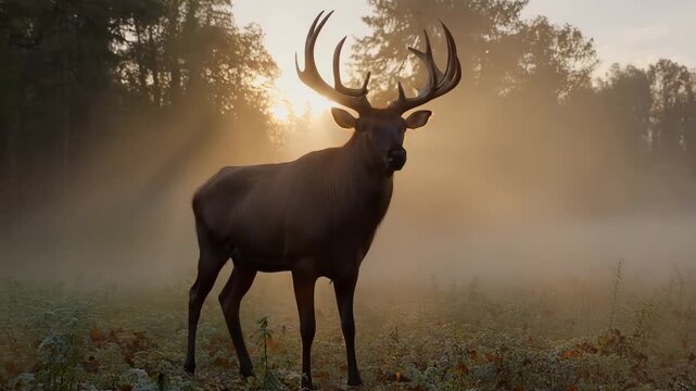 Majestic elk bull with grand antlers walking through a mystical morning mist at sunrise