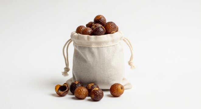 Natural soap nuts in a canvas bag. Eco-friendly and organic laundry detergent alternative. Sustainable zero waste lifestyle concept isolated on a white background