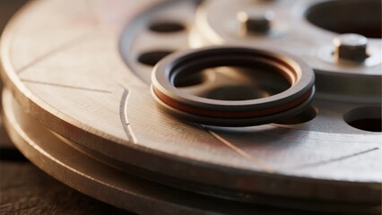 Close-up of a mechanical seal resting on a metallic industrial component with circular grooves and bolts