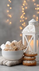 Obraz premium Decorated gingerbread cookies and marshmallows in an elegant bowl with warm candlelight ambiance for a cozy holiday setting