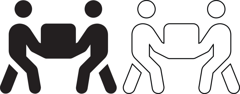 Two person team lifting heavy box icon set with solid and outline silhouette figures for logistics and manual labor concept