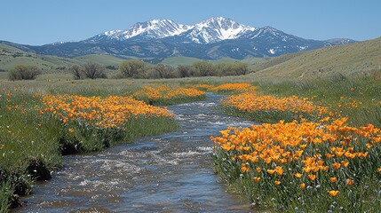 Mountain landscape with flowers and stream