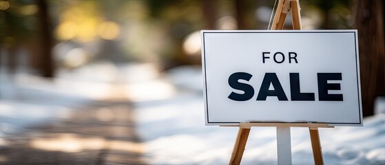 Bright winter scene with empty for sale sign on sidewalk in front of snow-covered houses under clear blue sky