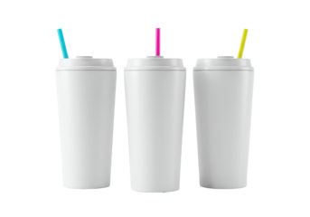 trio of blank frosted white thermal tumblers with bright cyan, magenta, and yellow straws, isolated on a seamless high-key white background. concept for blank product mockup advertising
