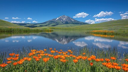 Mountain reflected on a calm lake with many orange wildflowers in foreground