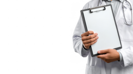 Doctor in a white lab coat is holding a clipboard and writing notes with a pen, against a transparent background, ready for easy compositing into any project