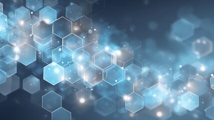 Futuristic blue hexagon background with glowing white lights and particles