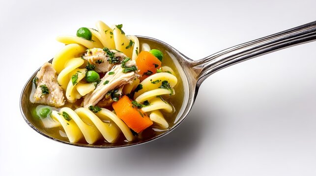 A spoonful of pasta with vegetables and chicken. The spoon is silver and the pasta is yellow