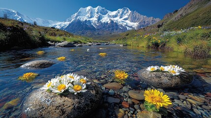 Mountain stream with wildflowers