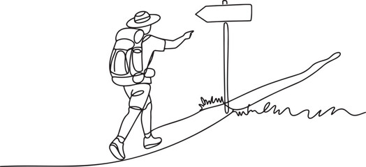 Fototapeta premium Continuous one line drawing of a backpacker hiker pointing at a trail signpost on an outdoor trekking path illustration