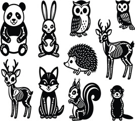Obraz premium A charming black and white illustration featuring various animals and their skeletal forms showcasing a unique contrast in nature