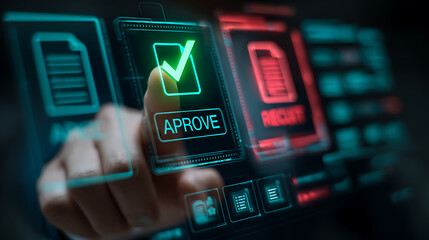 Finger touches approve button on glowing digital interface screen