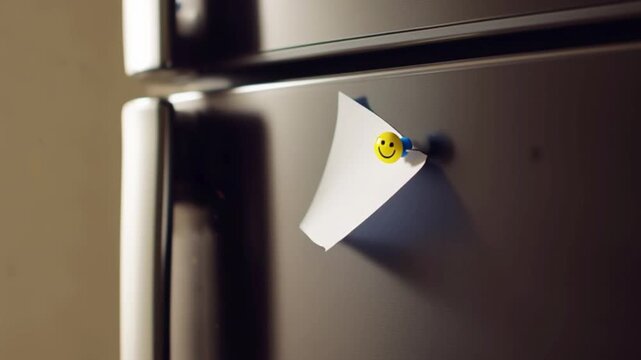 Reminder note paper pinned with magnet on refrigerator door, household organization concept, daily task message on fridge surface, home planning and memory aid, minimalist lifestyle, domestic routine,