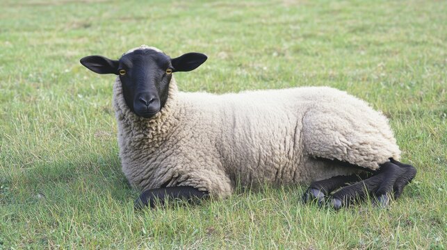 Black faced sheep resting on green grass