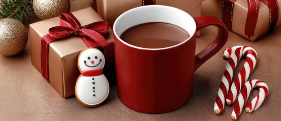Delightful winter scene with a red mug of hot chocolate and a cute snowman cookie surrounded by festive decorations, perfect for holiday cheer