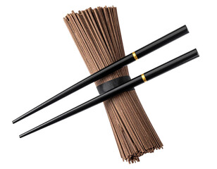Minimalist View of Soba Noodles Wrapped Around Chopsticks, Vertical Composition, isolated on transparent background