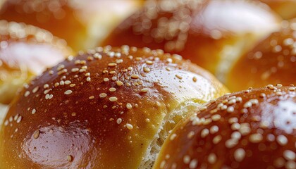Close Up Macro Shot of Golden Brown Brioche Buns Topped with Sesame Seeds in Soft Natural Light