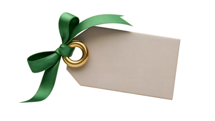 Gift tag with green ribbon and gold ring isolated on transparent background