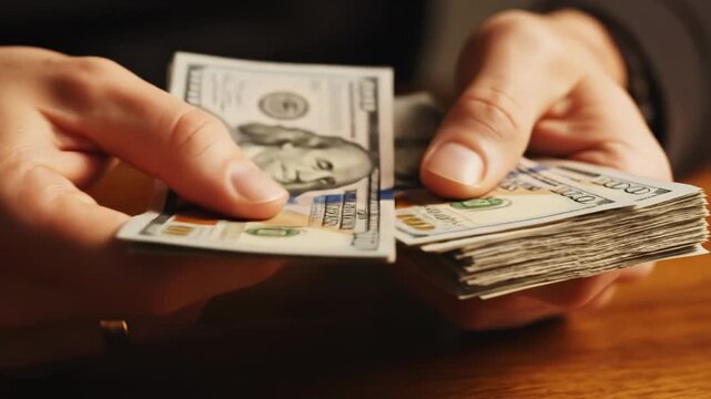 Hands counting a stack of us dollar bills on a wooden surface 4k video
