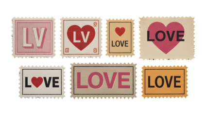Collection of love themed postage stamp designs on transparent background