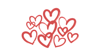 A cluster of red handdrawn hearts on a transparent background