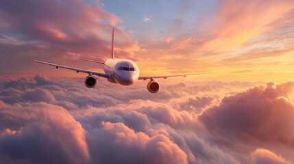 Airplane flying over a sea of clouds at sunset, capturing the beauty of travel and aviation.