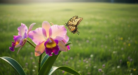 A butterfly perched on a pink orchid in a lush green field.
