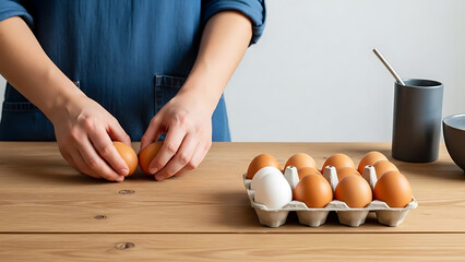 Main Subject Eggs in Hands at Wooden Table