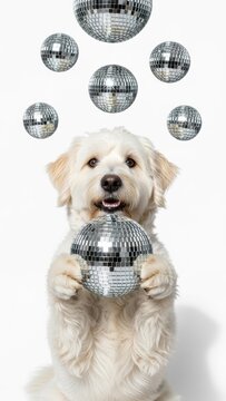 Party Dog Holding a Mirrored Disco Ball