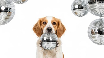 dog with a mirrored disco ball, party celebration, on a white background, party animal photo