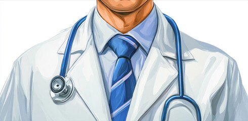 Doctor stethoscope white coat blue tie medical uniform professional illustration