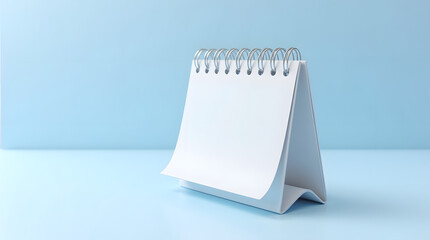 A simple, blank white desk calendar with a spiral binding sits on a light blue surface against a softly blurred light blue background, ready for notes or important dates