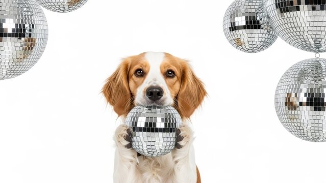 Dog with a Mirrored Disco Ball on White Background