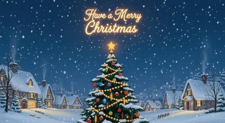 A serene Christmas scene with a decorated tree, snowfall, and a village in the background.