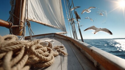 Obraz premium A sailboat with a rope tied to it and a flock of seagulls flying in the background