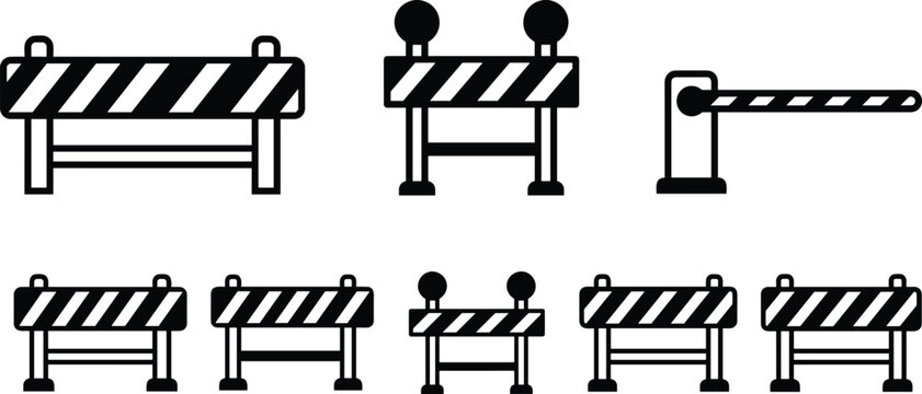 Construction barrier icons, traffic control symbols, roadblock vector set, safety barricade illustration, checkpoint gate graphics, black and white signage