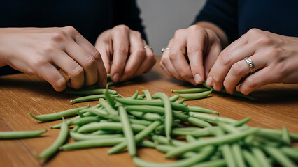 Obraz premium Hands Sorting Green Beans on Wooden Table